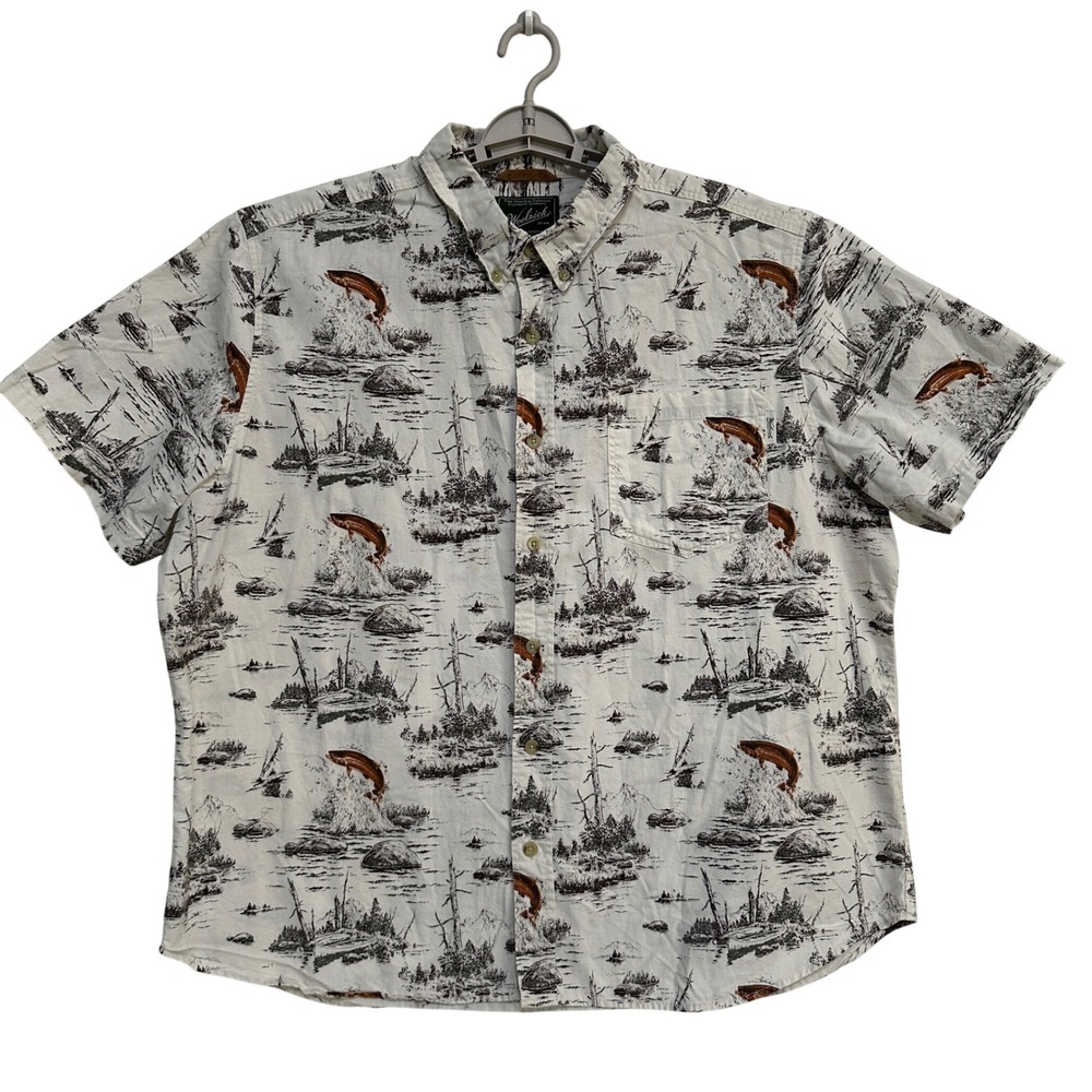 Woolrich Mens SS Shirt Fishing Trout AOP Novelty Print Button Front Tan XXL Camp